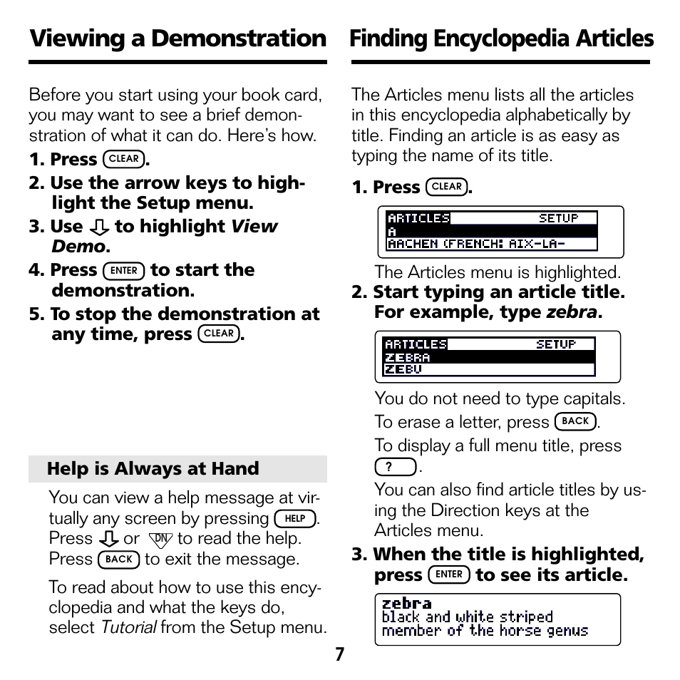 Viewing a demonstration, Finding encyclopedia articles | Franklin EMQ-2061 User Manual | Page 8 / 19