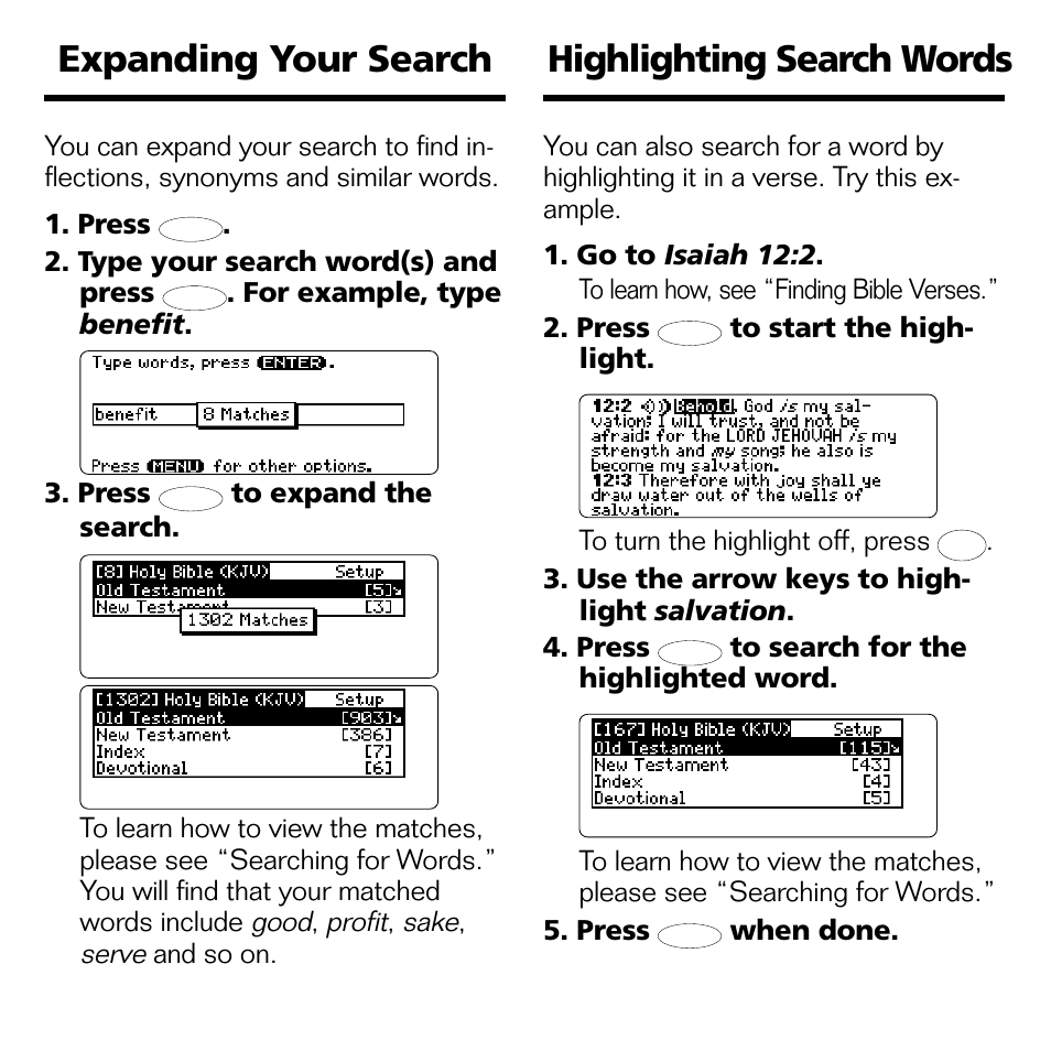Expanding your search, Highlighting search words, Expanding your search highlighting search words | Franklin BOOKMAN II KJB-1840 User Manual | Page 16 / 25