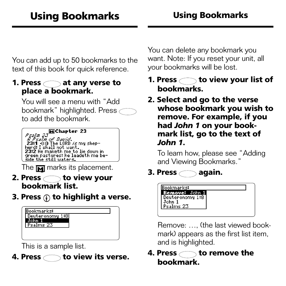 Using bookmarks, Deleting a bookmark, Using bookmarks adding and viewing bookmarks | Franklin BOOKMAN II KJB-1840 User Manual | Page 18 / 25
