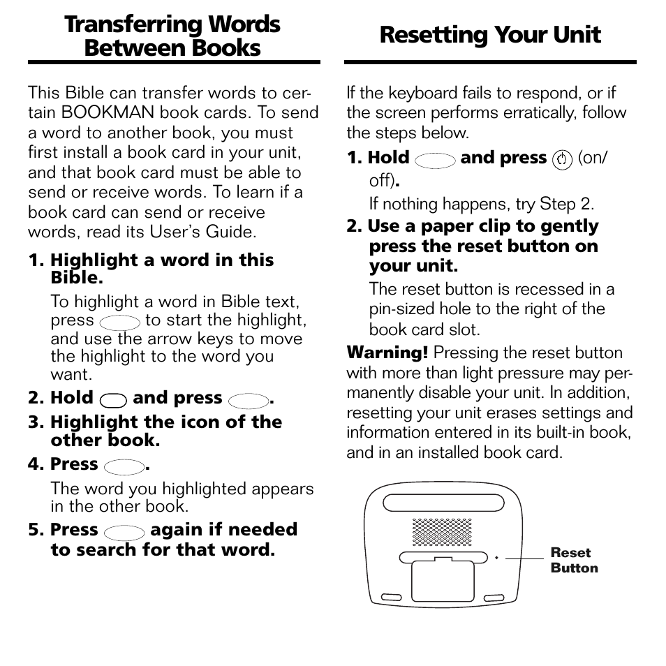 Transferring words between books, Resetting your unit | Franklin BOOKMAN II KJB-1840 User Manual | Page 19 / 25