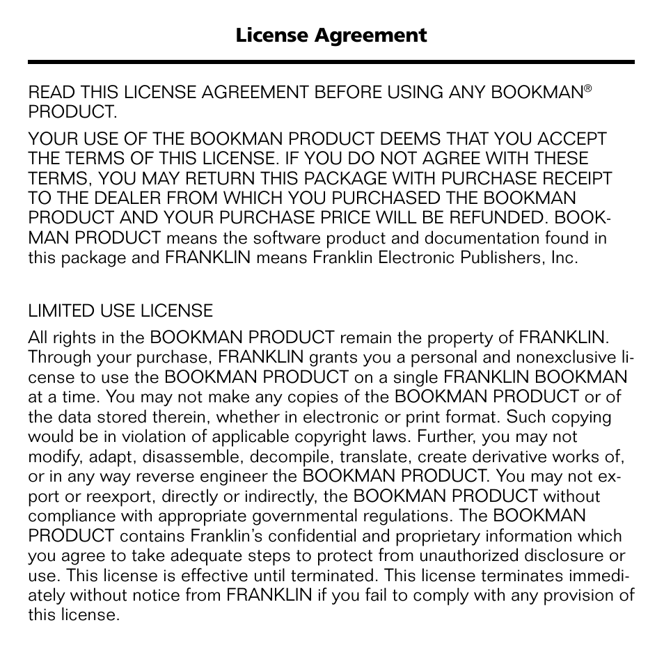 License agreement | Franklin BOOKMAN II KJB-1840 User Manual | Page 2 / 25
