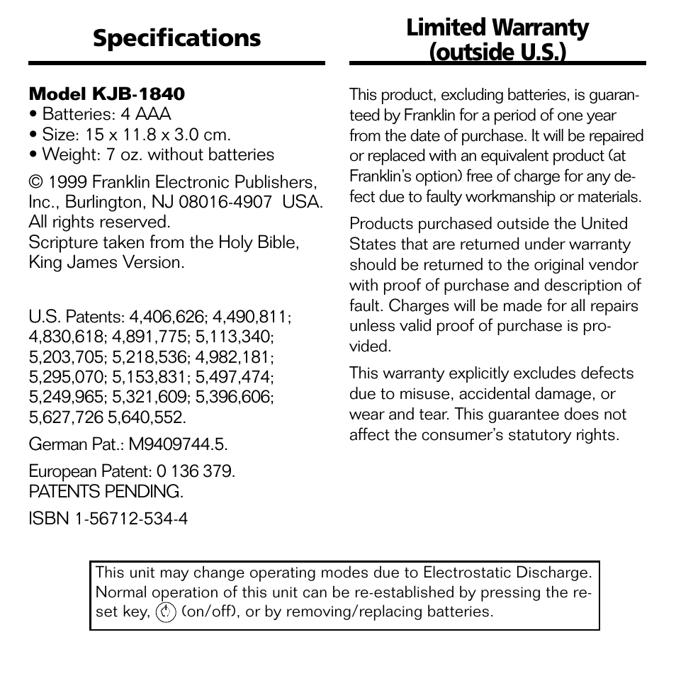Specifications, Model kjb-1840, Limited warranty | Outside u.s.), Limited warranty (outside u.s.) | Franklin BOOKMAN II KJB-1840 User Manual | Page 20 / 25