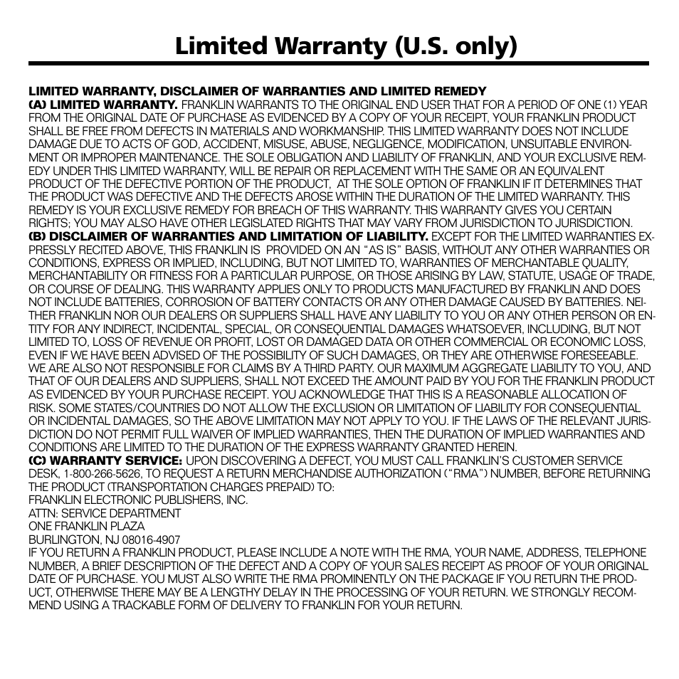 Limited warranty (u.s. only) | Franklin BOOKMAN II KJB-1840 User Manual | Page 21 / 25