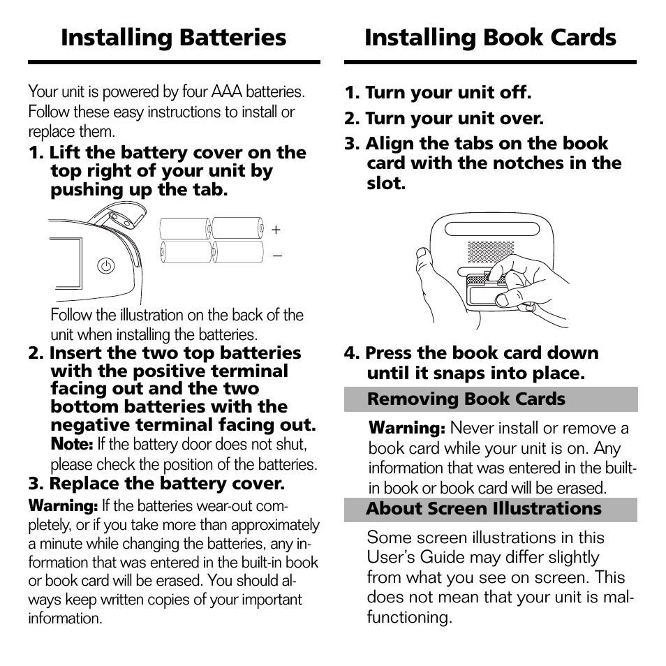 Installing batteries, Installing book cards, Installing batteries installing book cards | Franklin BOOKMAN II KJB-1840 User Manual | Page 6 / 25