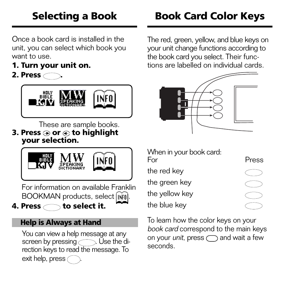 Selecting a book, Book card color keys, Selecting a book book card color keys | Book card, Unit | Franklin BOOKMAN II KJB-1840 User Manual | Page 7 / 25