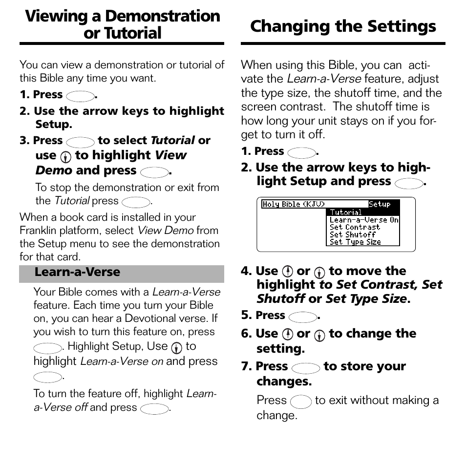 Viewing a demonstration or tutorial, Changing the settings, Learn-a-verse | Franklin BOOKMAN II KJB-1840 User Manual | Page 9 / 25