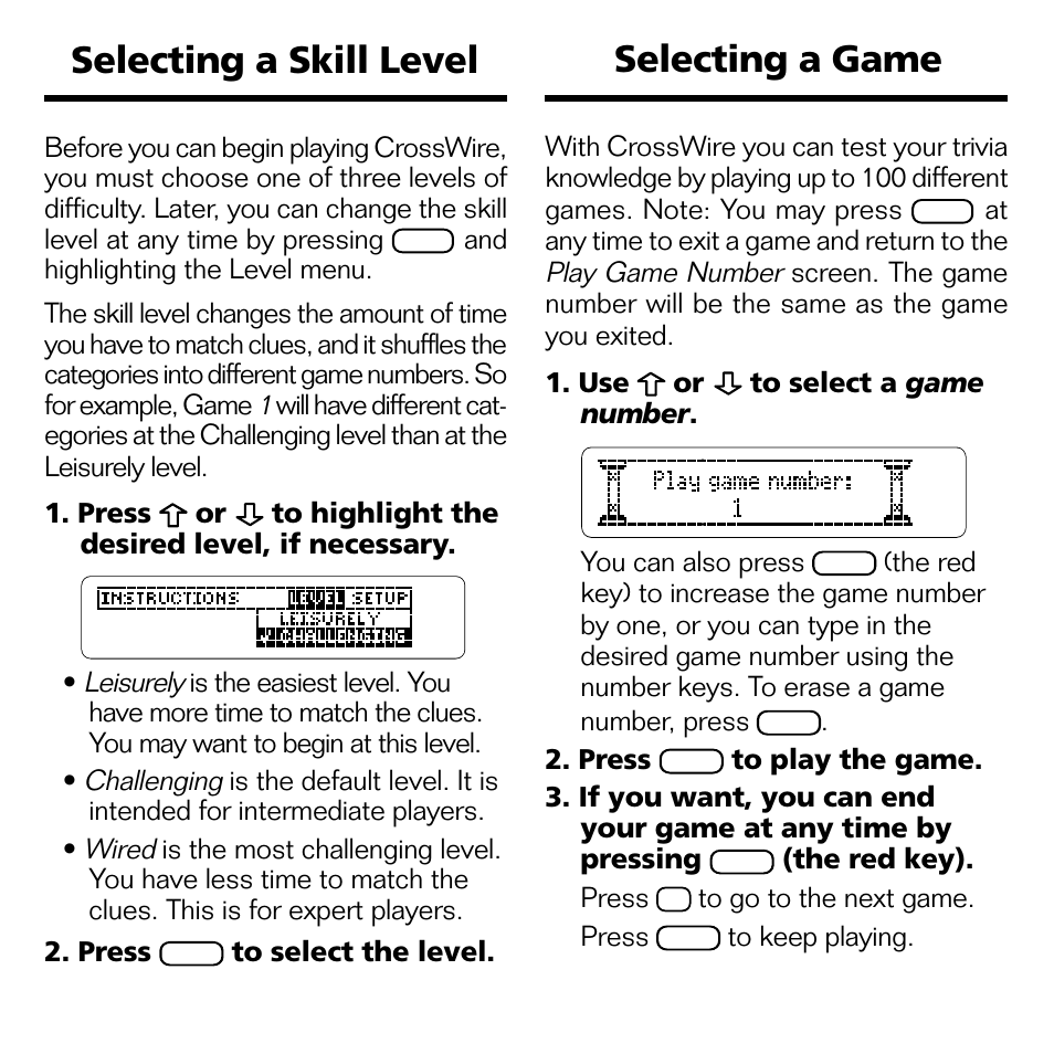 Selecting a skill level, Selecting a game, Selecting a skill level selecting a game | Franklin XGT-2043 User Manual | Page 10 / 24