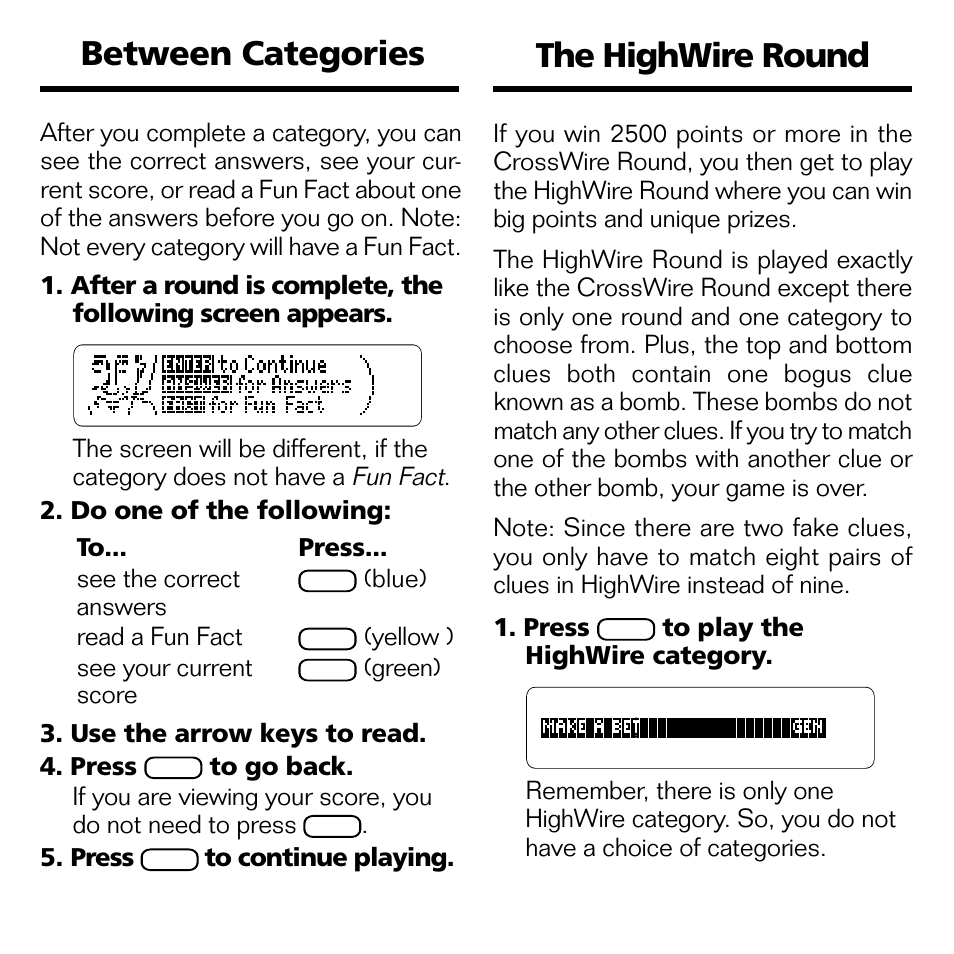 Between categories, The highwire round, Between categories the highwire round | Franklin XGT-2043 User Manual | Page 14 / 24
