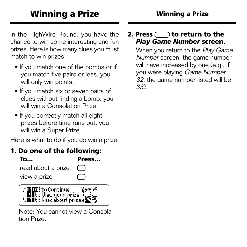 Winning a prize | Franklin XGT-2043 User Manual | Page 16 / 24