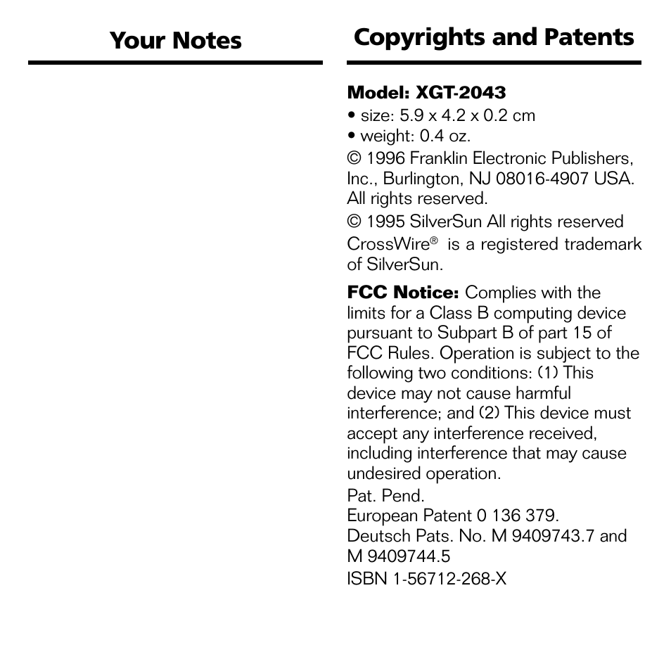 Your notes, Copyrights and patents, Your notes copyrights and patents | Franklin XGT-2043 User Manual | Page 20 / 24