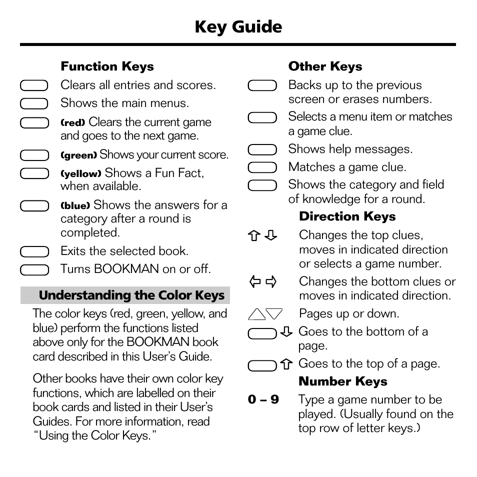 Key guide, 2function keys, Clears all entries and scores | Shows the main menus, Clears the current game and goes to the next game, Shows your current score, Shows a fun fact, when available, Exits the selected book, Other keys, Backs up to the previous screen or erases numbers | Franklin XGT-2043 User Manual | Page 4 / 24