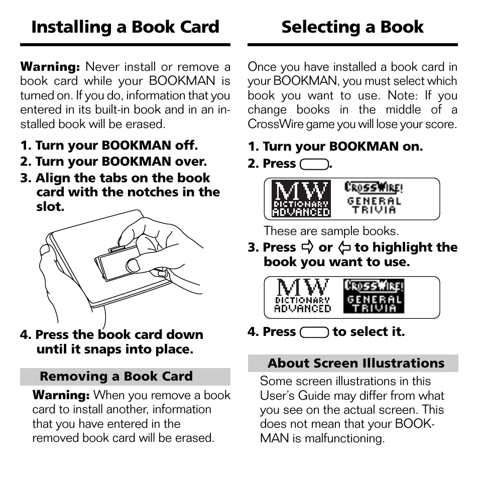 Installing a book card, Selecting a book | Franklin XGT-2043 User Manual | Page 6 / 24