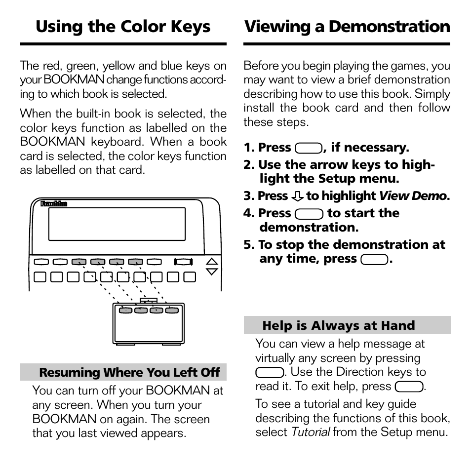Using the color keys, Viewing a demonstration | Franklin XGT-2043 User Manual | Page 7 / 24