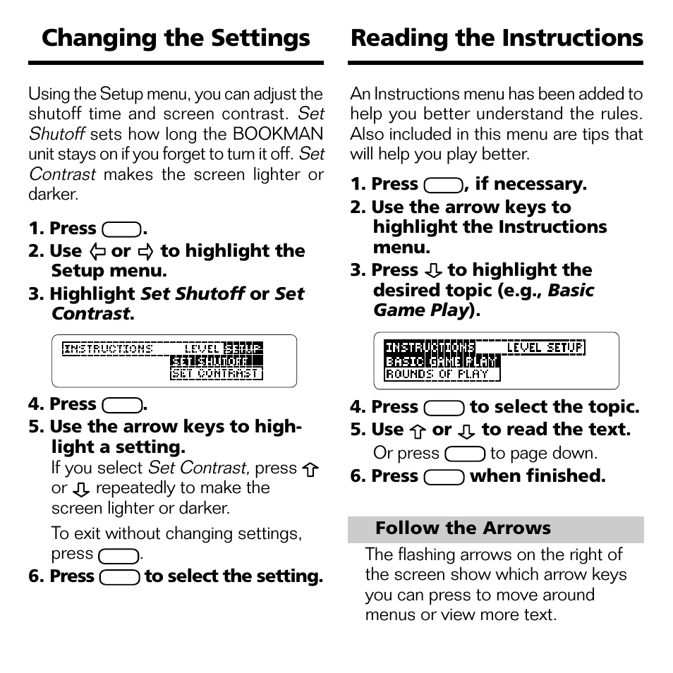 Changing the settings, Reading the instructions | Franklin XGT-2043 User Manual | Page 8 / 24