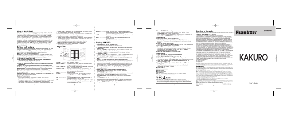 Kakuro, Key guide, Playing kakuro | What is kakuro, Battery instructions, Clock setting, Alarm setting, Fcc notice, Battery precautions, Specifications | Franklin KUR-325-01 User Manual | Page 2 / 6