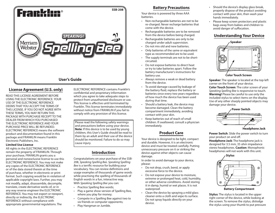 Franklin SPELLING BEE SSB-208 User Manual | 6 pages