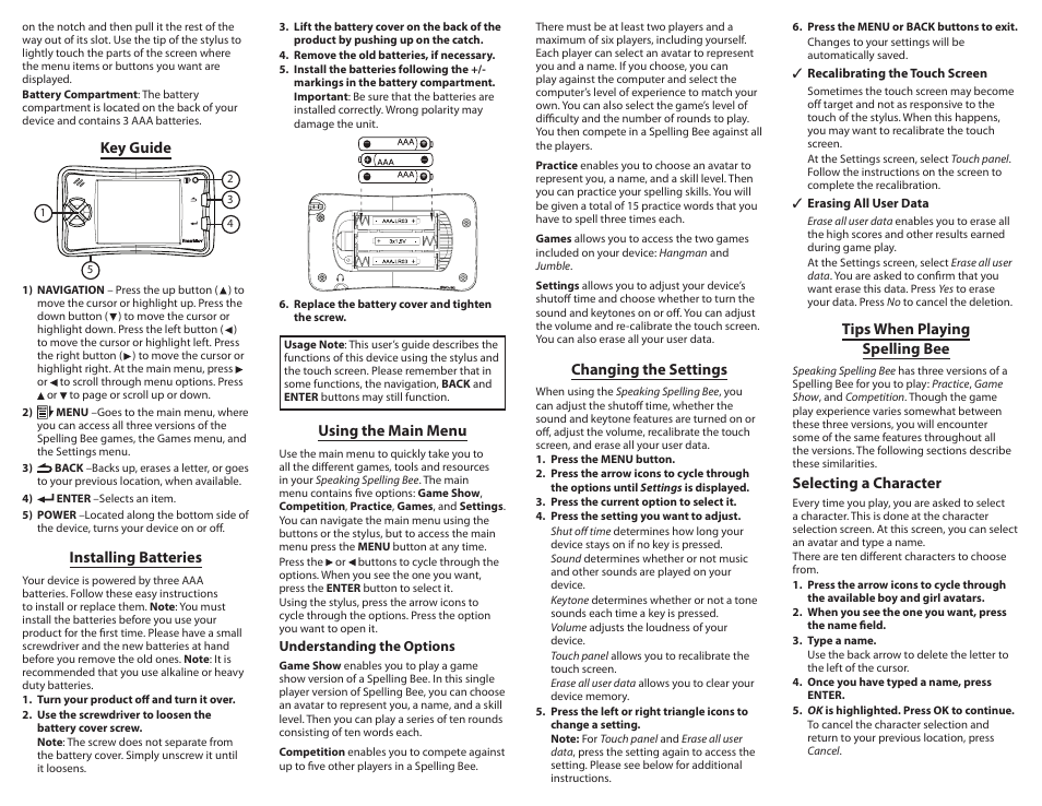 Key guide, Installing batteries, Using the main menu | Changing the settings, Tips when playing spelling bee, Selecting a character | Franklin SPELLING BEE SSB-208 User Manual | Page 2 / 6