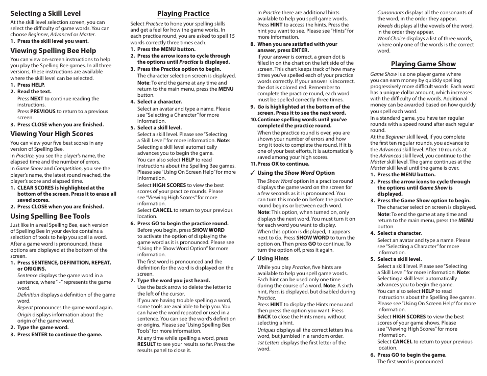 Playing practice, Playing game show, Selecting a skill level | Viewing spelling bee help, Viewing your high scores, Using spelling bee tools | Franklin SPELLING BEE SSB-208 User Manual | Page 3 / 6
