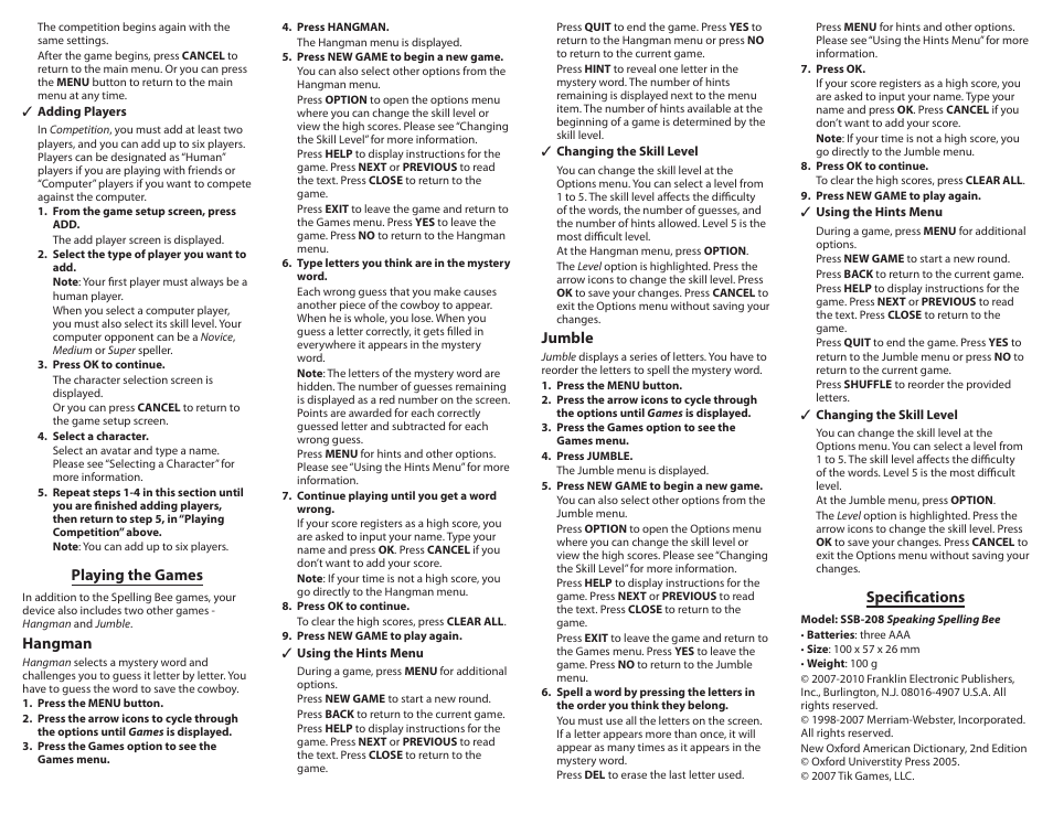 Playing the games, Specifications, Hangman | Jumble | Franklin SPELLING BEE SSB-208 User Manual | Page 5 / 6