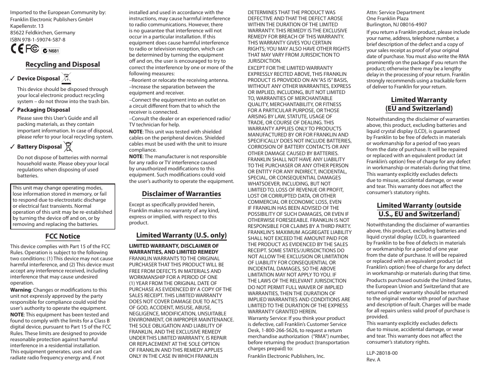 Recycling and disposal, Fcc notice, Disclaimer of warranties | Limited warranty (u.s. only), Limited warranty (eu and switzerland) | Franklin SPELLING BEE SSB-208 User Manual | Page 6 / 6