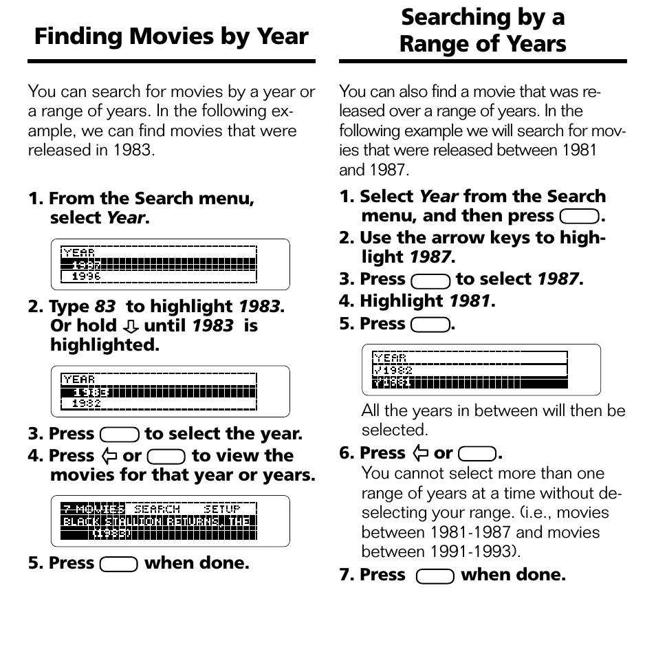 Finding movies by year, Searching by a range of years | Franklin FLX-2074 User Manual | Page 11 / 19