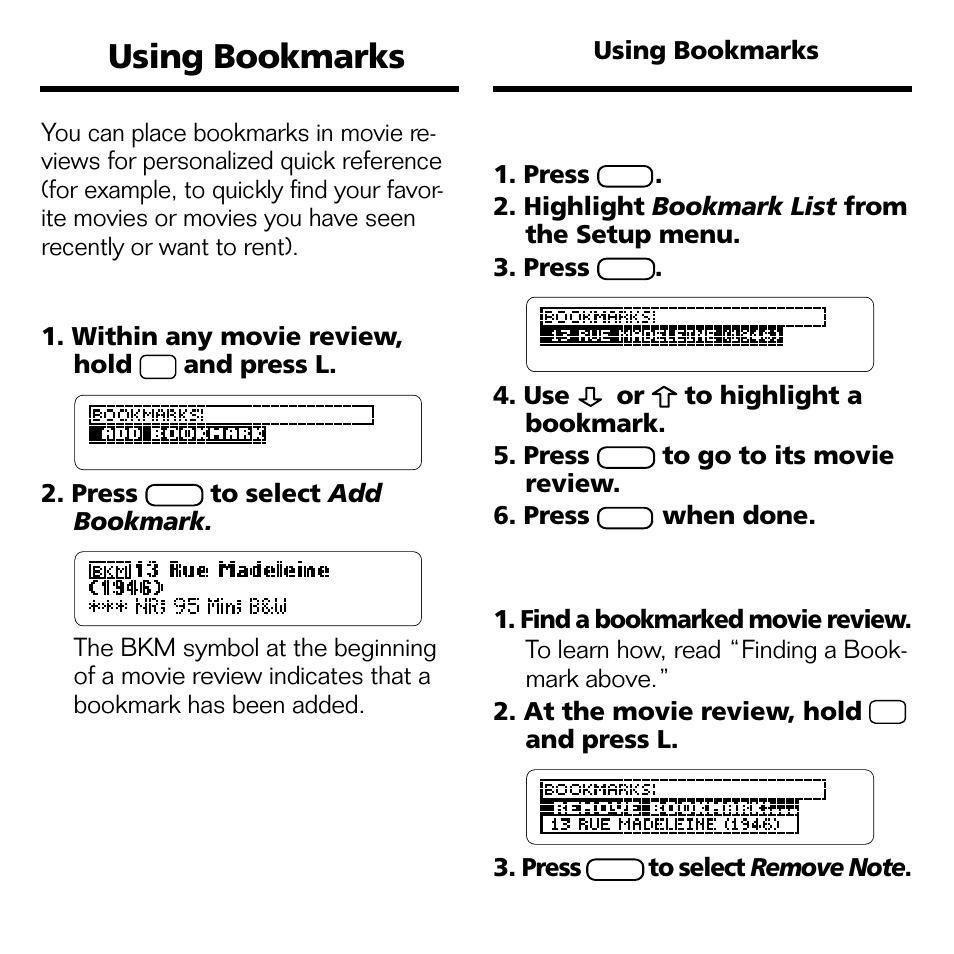 Using bookmarks, Adding a bookmark, Finding a bookmark | Removing a bookmark | Franklin FLX-2074 User Manual | Page 14 / 19