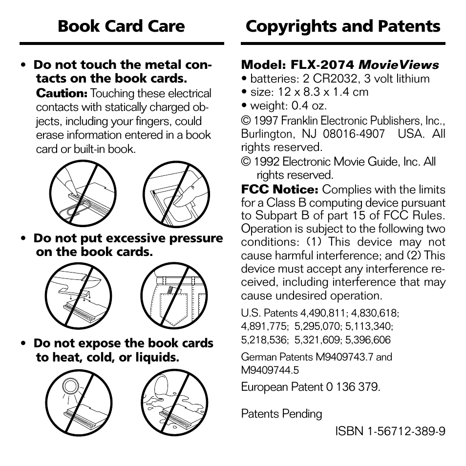 Copyrights and patents, Book card care | Franklin FLX-2074 User Manual | Page 18 / 19