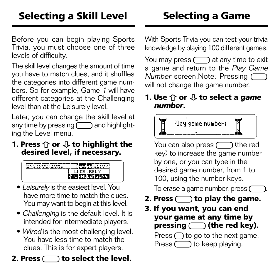 Selecting a skill level, Selecting a game, Selecting a skill level selecting a game | Franklin XST-2051 User Manual | Page 10 / 24