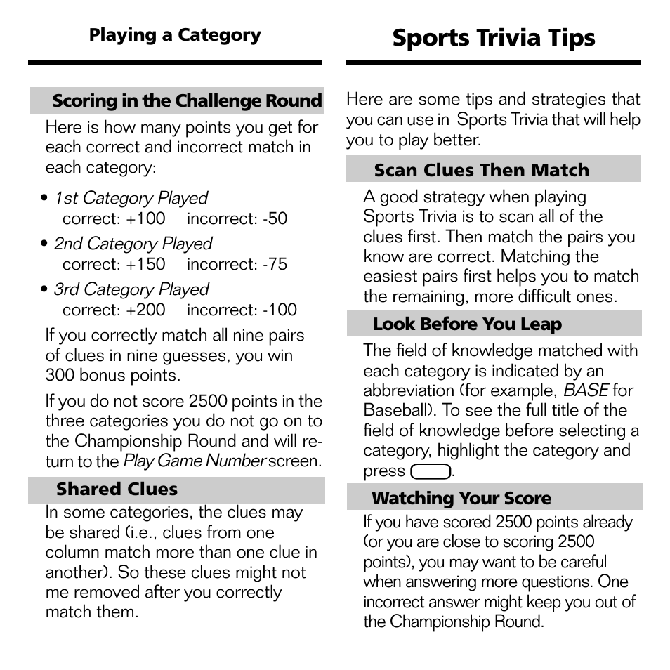 Sports trivia tips | Franklin XST-2051 User Manual | Page 13 / 24