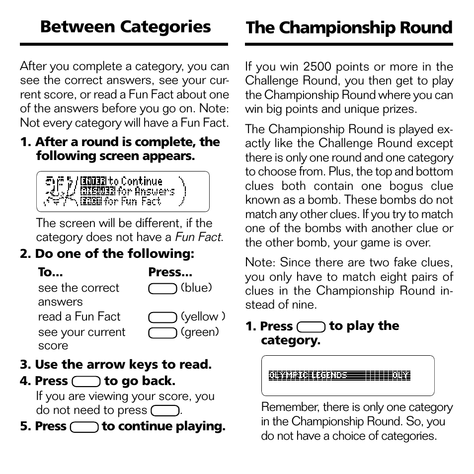Between categories, The championship round | Franklin XST-2051 User Manual | Page 14 / 24