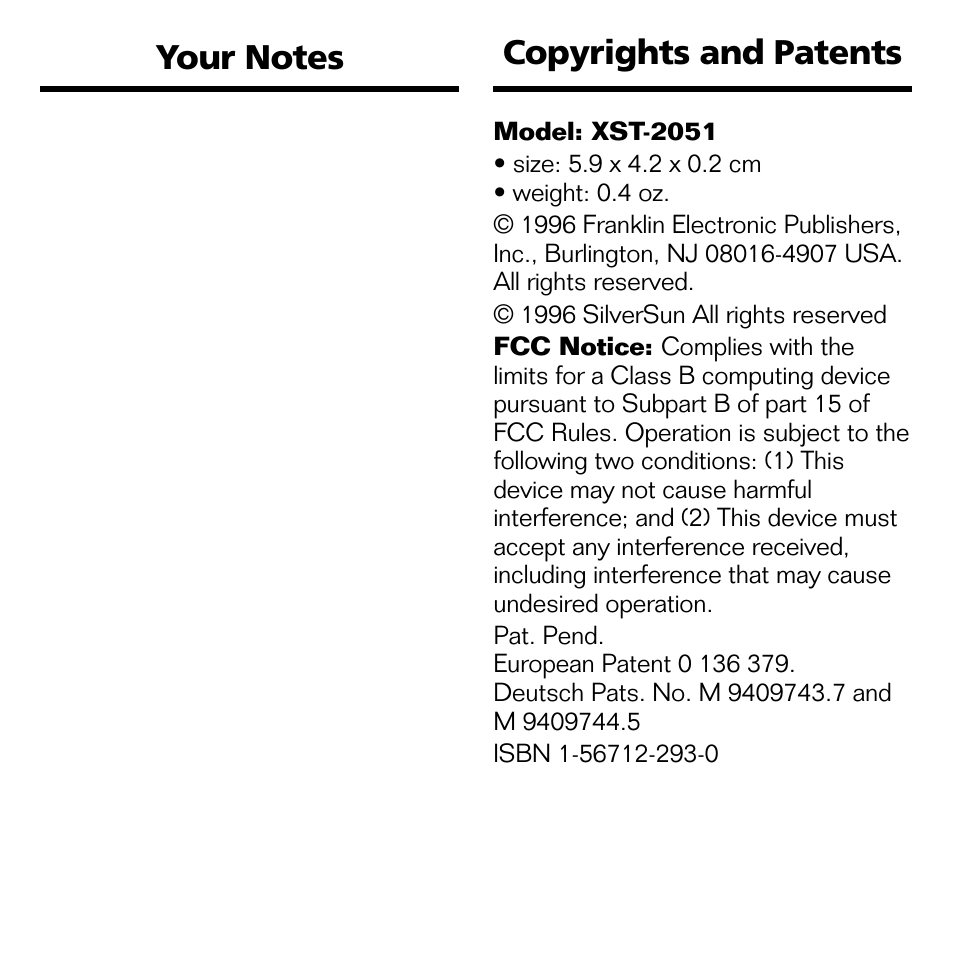 Your notes, Copyrights and patents | Franklin XST-2051 User Manual | Page 20 / 24