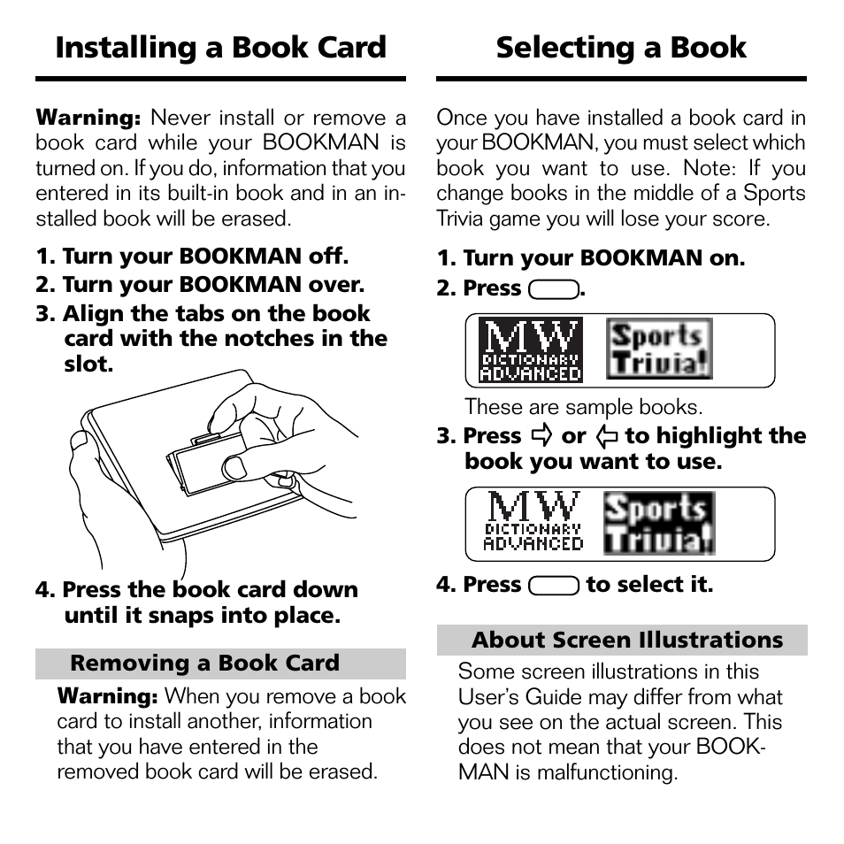 Installing a book card, Selecting a book | Franklin XST-2051 User Manual | Page 6 / 24