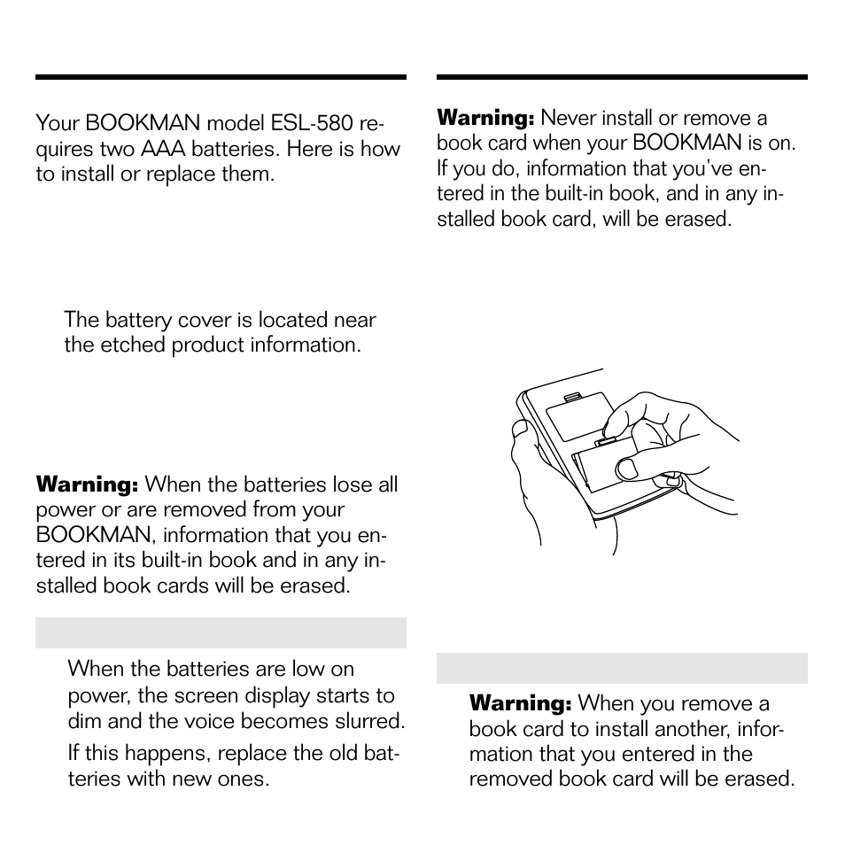 Installing the batteries, Installing book cards | Franklin SPEAK ENGLISH! ESL-580 User Manual | Page 6 / 20
