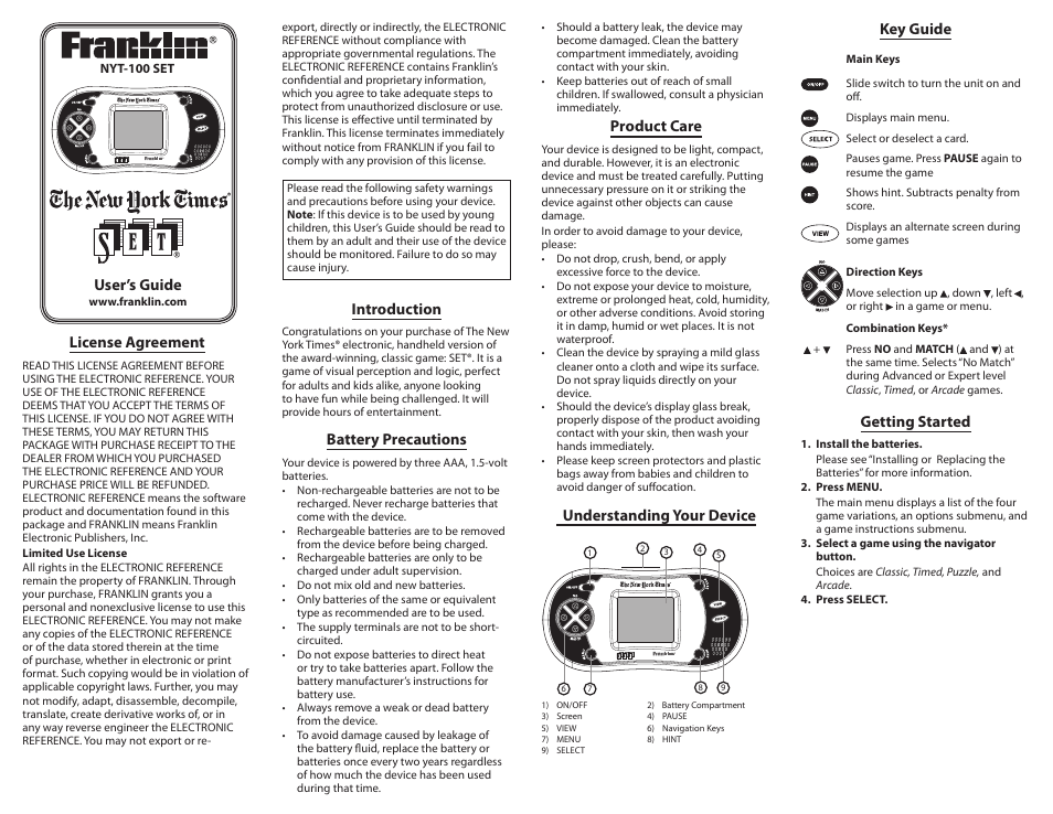 Franklin NYT-100 User Manual | 4 pages