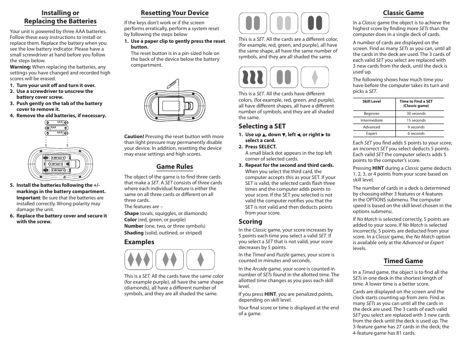 Installing or replacing the batteries, Resetting your device, Game rules | Classic game, Timed game, Examples, Selecting a set, Scoring | Franklin NYT-100 User Manual | Page 2 / 4