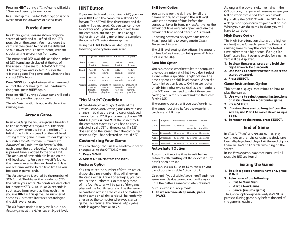 Puzzle game, Arcade game, End of game | Exiting the game, Hint button, No match” condition, Customizing your game | Franklin NYT-100 User Manual | Page 3 / 4