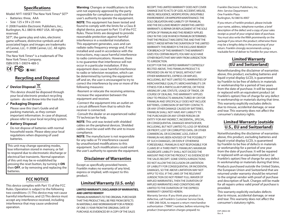 Specifications, Recycling and disposal, Fcc notice | Disclaimer of warranties, Limited warranty (u.s. only), Limited warranty (eu and switzerland) | Franklin NYT-100 User Manual | Page 4 / 4