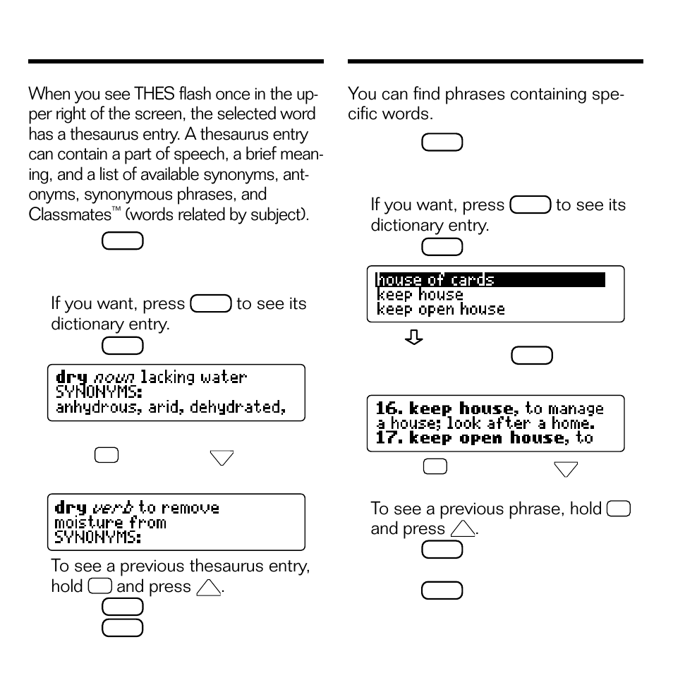 Finding thesaurus entries, Finding phrases | Franklin DMM-440 User Manual | Page 10 / 20