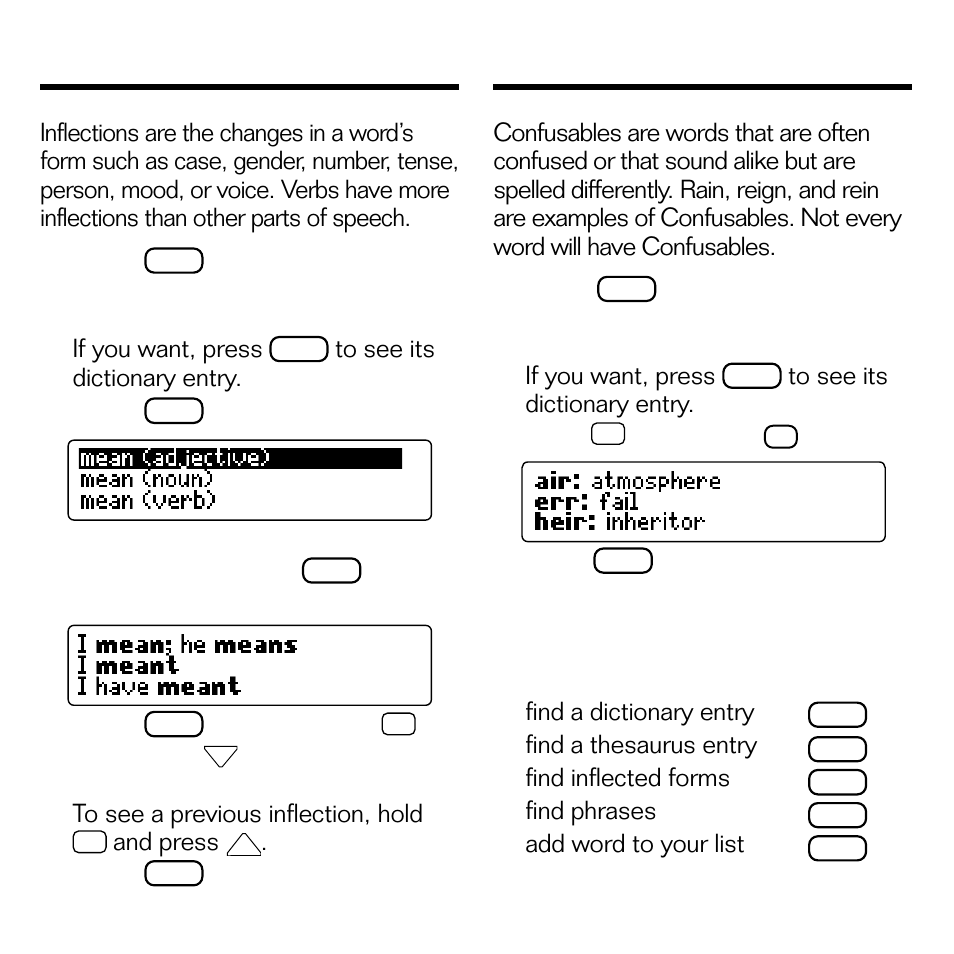 Finding inflections, Finding confusables | Franklin DMM-440 User Manual | Page 11 / 20