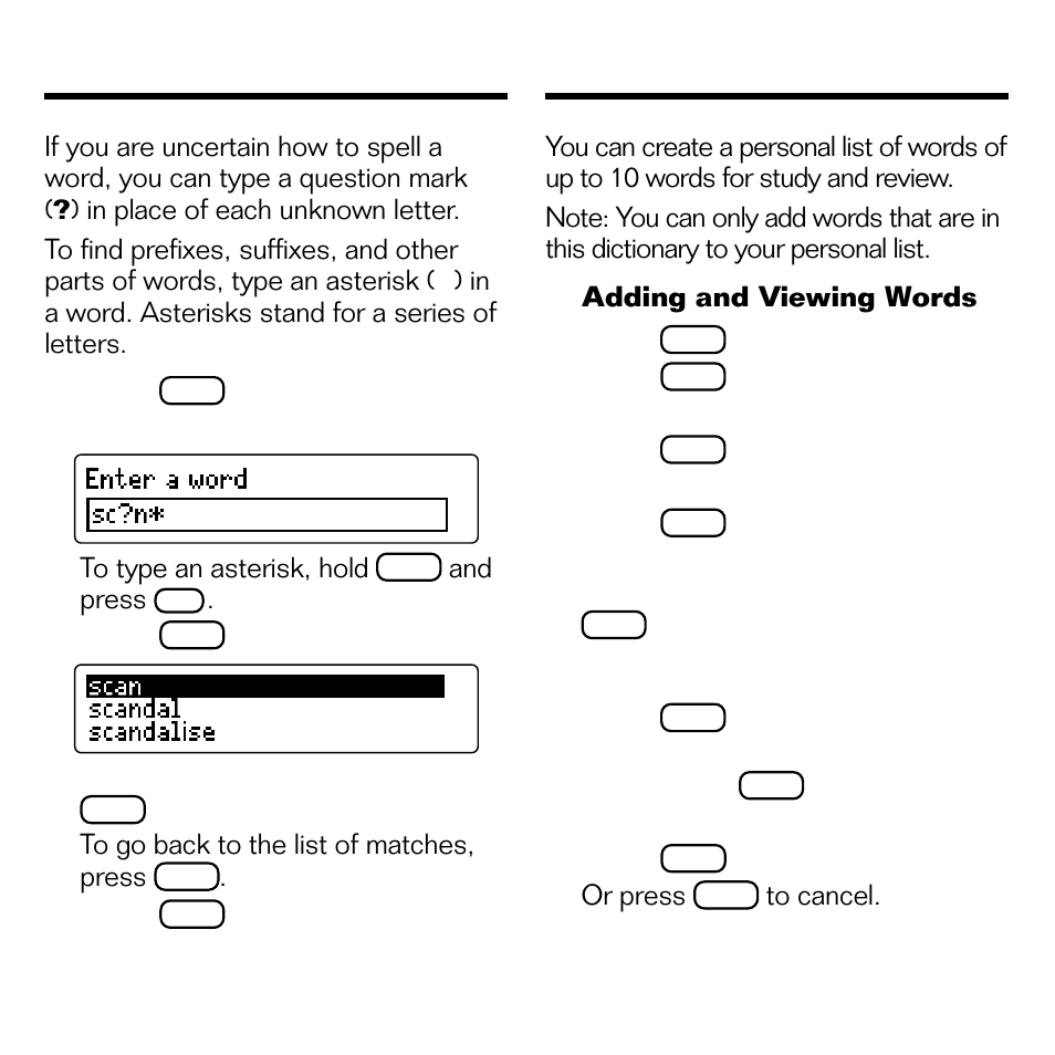 Finding parts of words, Saving words for study, Saving words for study finding parts of words | Franklin DMM-440 User Manual | Page 12 / 20
