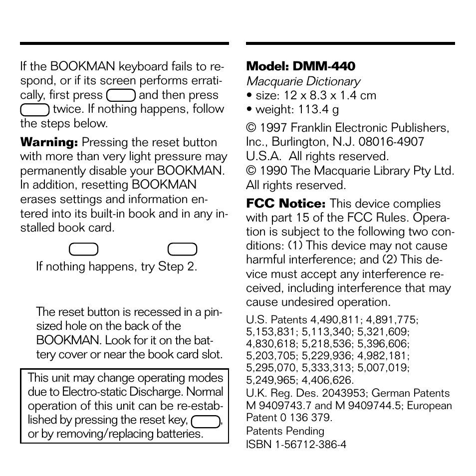 Resetting your bookman, Specifications | Franklin DMM-440 User Manual | Page 16 / 20