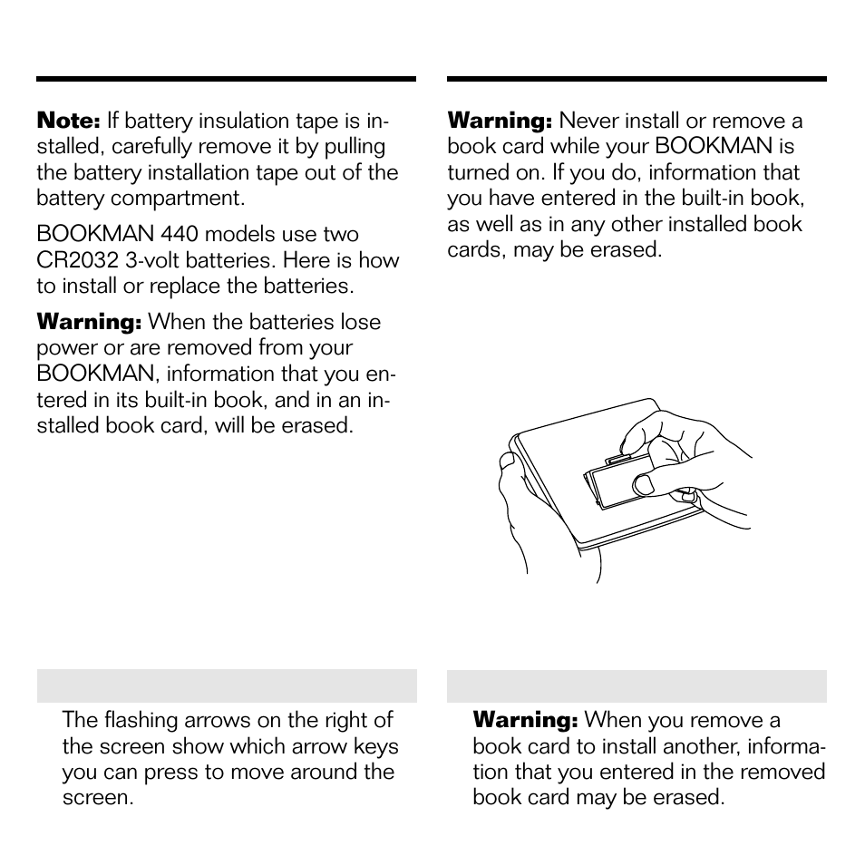 Installing batteries, Installing a book card, Installing a book card installing batteries | Franklin DMM-440 User Manual | Page 5 / 20