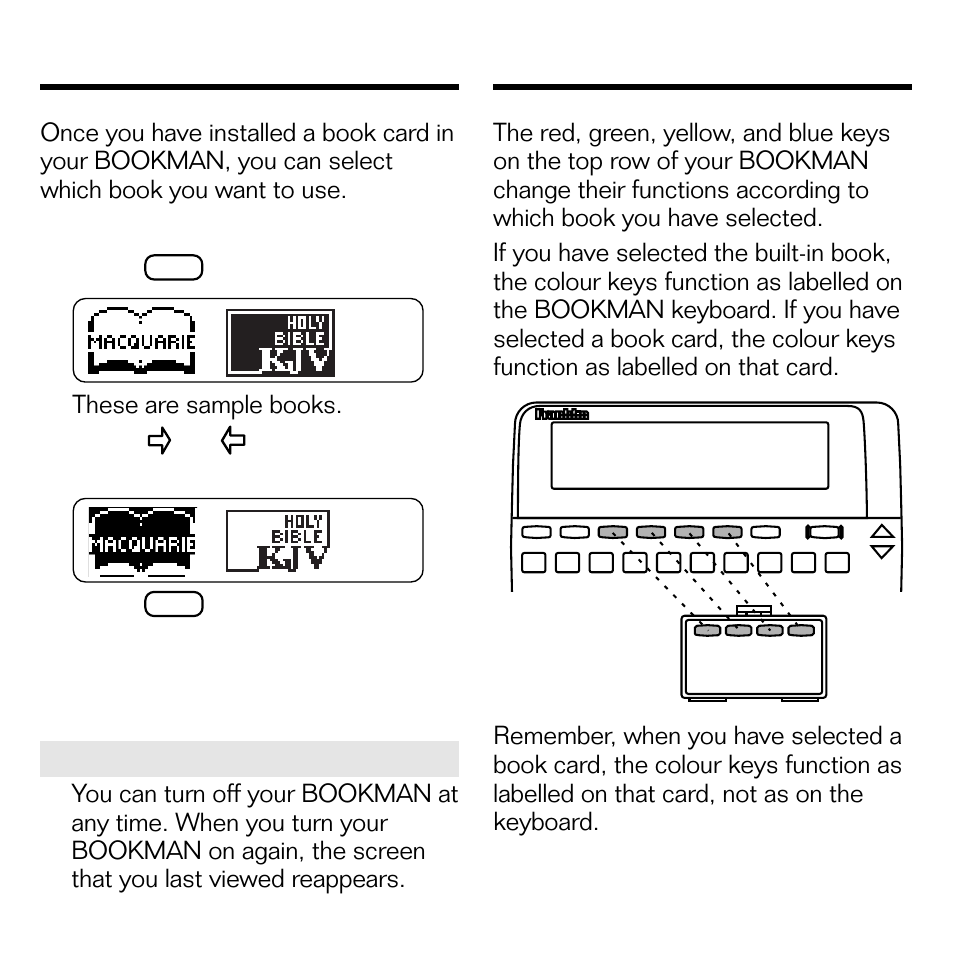 Selecting a book, Using the colour keys | Franklin DMM-440 User Manual | Page 6 / 20