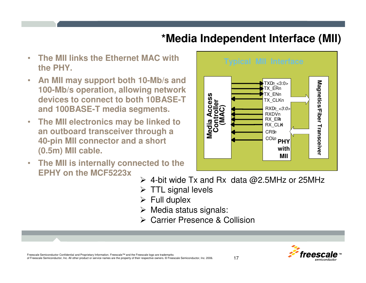 Media independent interface (mii), Typical mii interface | Freescale Semiconductor TWR-MCF52259-Ethenet User Manual | Page 18 / 166