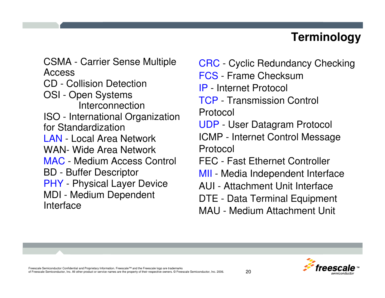 Terminology | Freescale Semiconductor TWR-MCF52259-Ethenet User Manual | Page 21 / 166