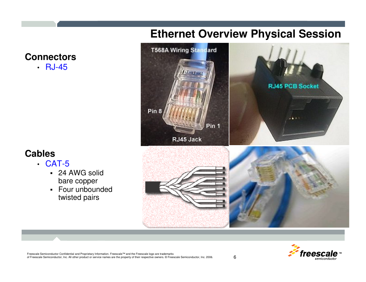 Ethernet overview physical session, Connectors, Cables | Rj-45, Cat-5 | Freescale Semiconductor TWR-MCF52259-Ethenet User Manual | Page 7 / 166
