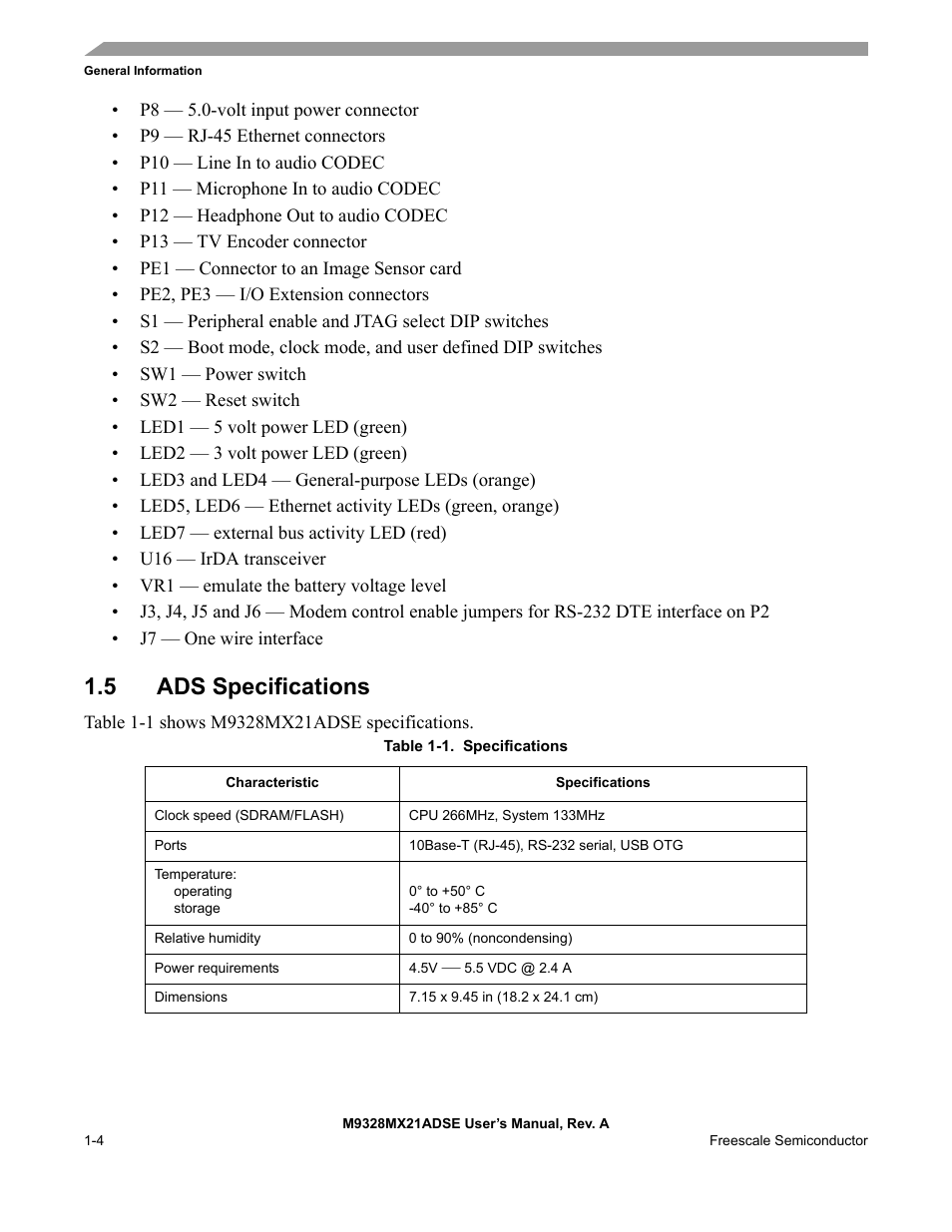 5 ads specifications, Ads specifications -4 | Freescale Semiconductor M9328MX21ADSE User Manual | Page 10 / 64