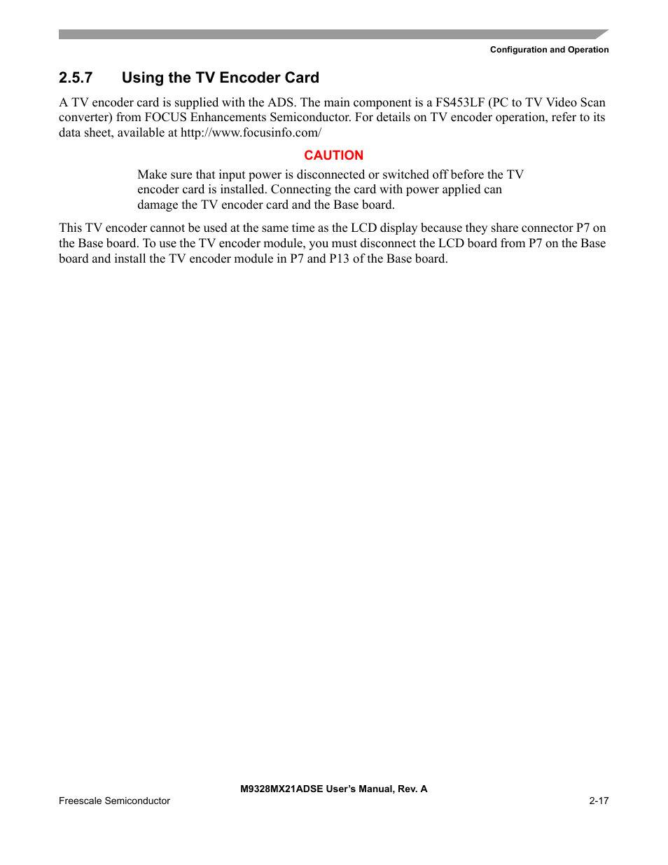 7 using the tv encoder card, Using the tv encoder card -17 | Freescale Semiconductor M9328MX21ADSE User Manual | Page 27 / 64