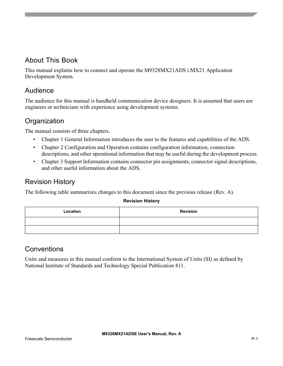 About this book, Audience, Organization | Revision history, Conventions | Freescale Semiconductor M9328MX21ADSE User Manual | Page 5 / 64