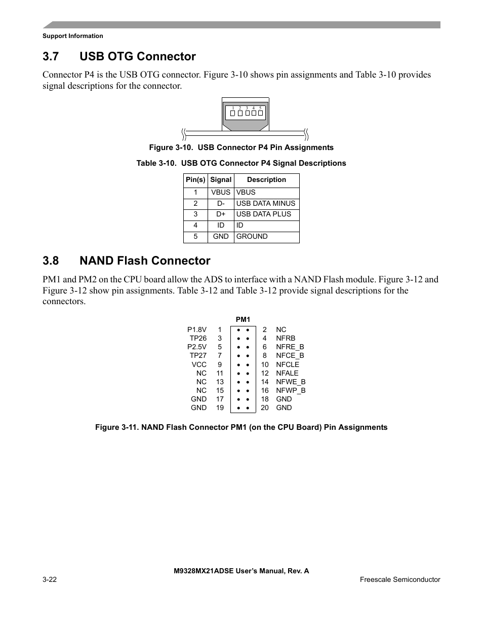 7 usb otg connector, 8 nand flash connector, Usb otg connector -22 | Nand flash connector -22 | Freescale Semiconductor M9328MX21ADSE User Manual | Page 50 / 64